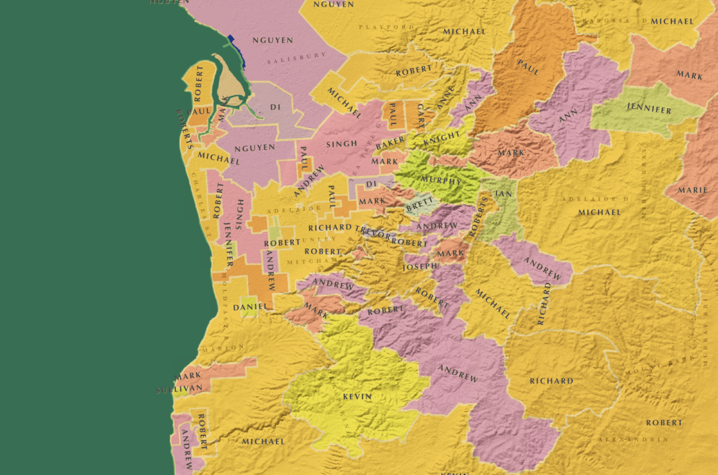 Map of most common business owner names in Adelaide