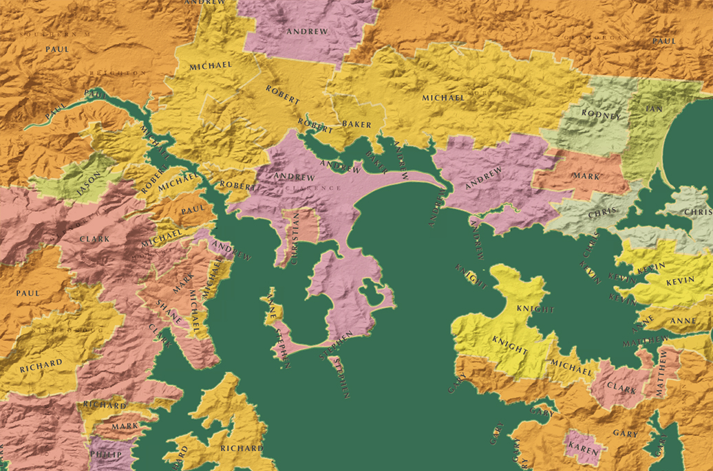 Map of most common business owner names in Hobart