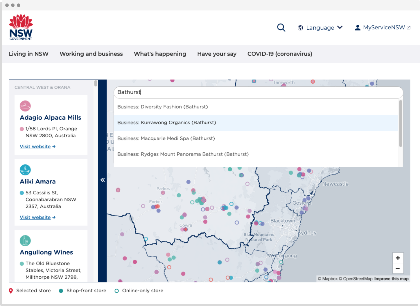 Map with the search bar open, searching for Bathurst