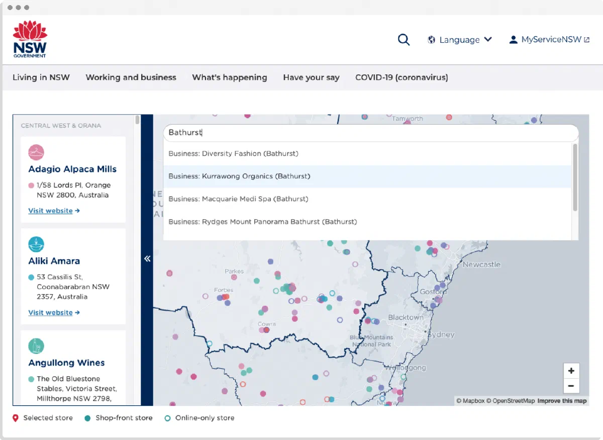 Map with the search bar open, searching for Bathurst