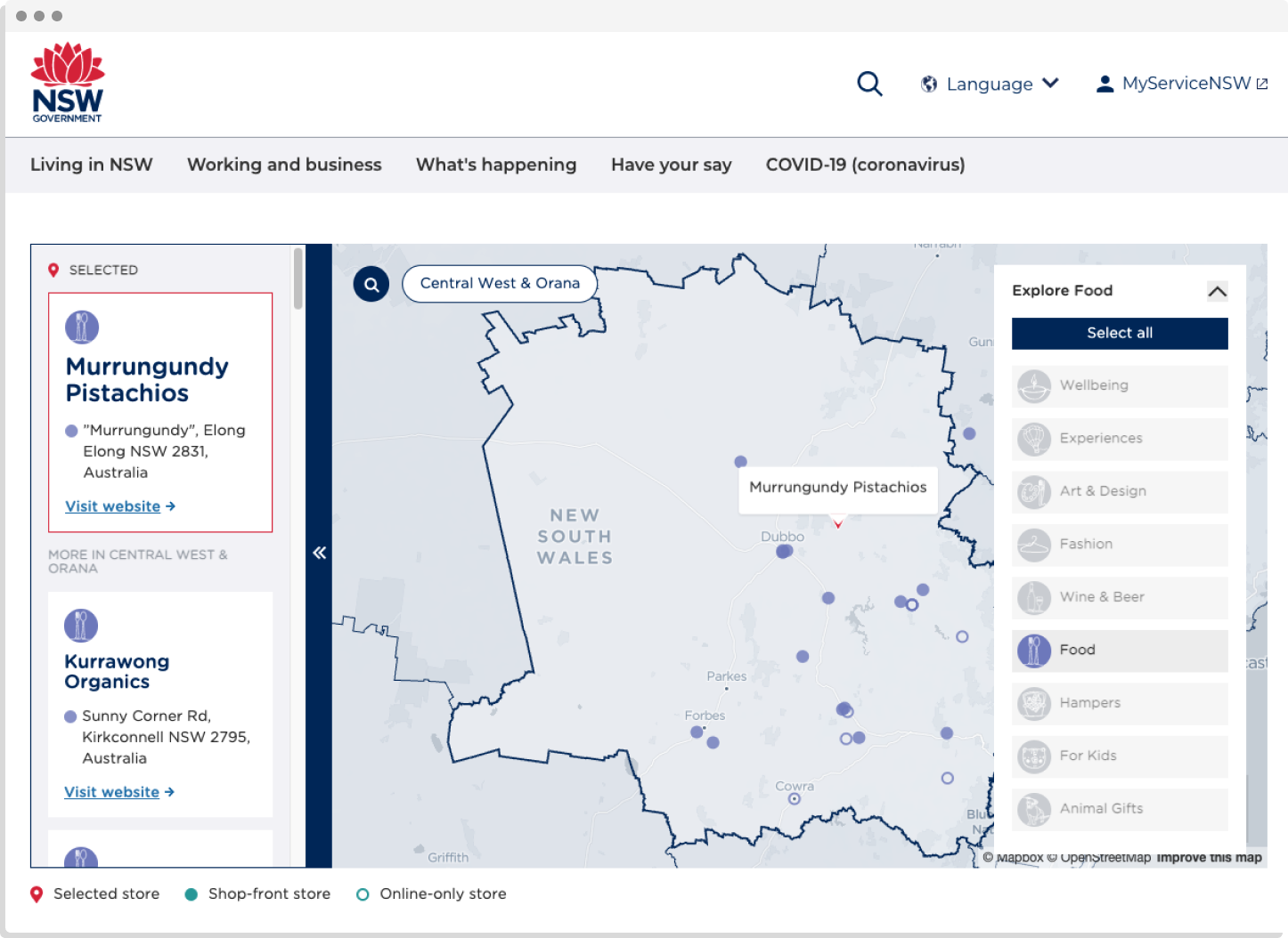 Map with the 'explore' menu open, with 'food' selected and Murrungundy Pistachios highlighted