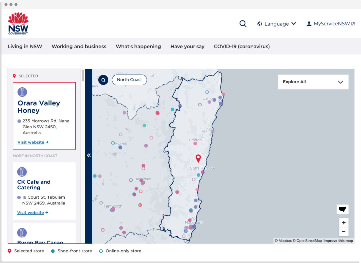Map showing Orara Valley Honey open in the sidebar